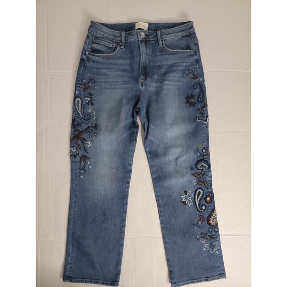 Driftwood Jeans Womens 29 x 27 Blue Floral Embroidered Stella Straight Stretch - Picture 3 of 10